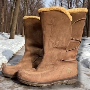 Size 7.5 TIMBERLAND "Copley" Tall Brown Waterproof Suede Boots Faux Fur Lining